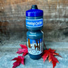A grey and blue water bottle sits on a rough wooden surface surrounded by red leaves